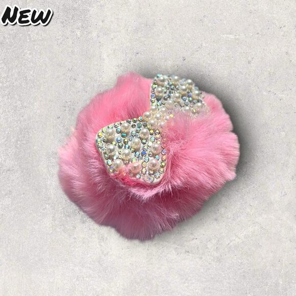 New Pink Faux Fur Bow Keychain Charm – Pearl & Rhinestone Bling - Picture 4 of 5